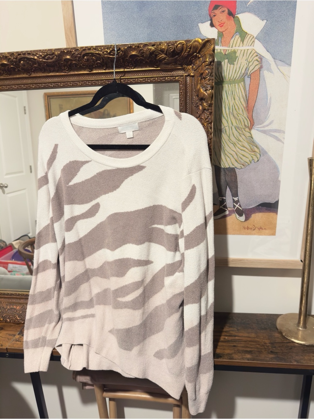 Barefoot Dreams Cream and Taupe Abstract Crewneck Sweater